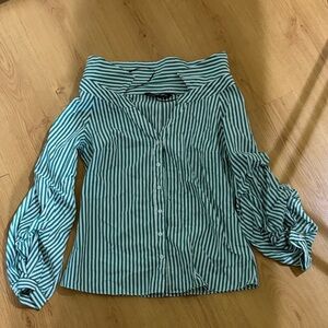 Zara Green and White Striped Blouse